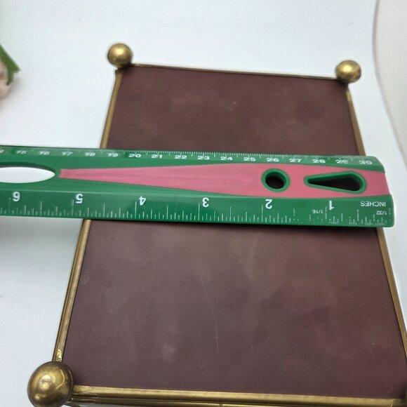 Vintage Glass Mirrored Jewelry Trinket Box Etched Rose Brass Mid Century - Picture 13 of 14